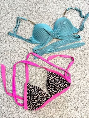 Bathing Swimsuit Bikini Top Bundle of 2 Cheetah Hot pink Turquoise Women Size L